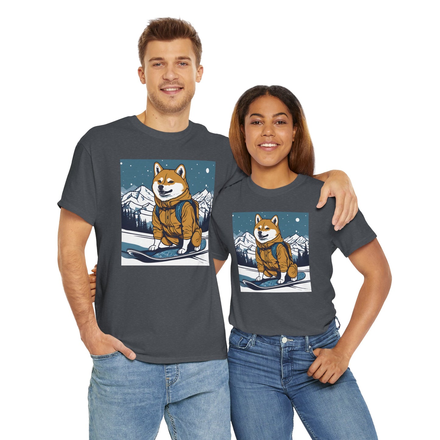 Shiba Dog Snowboarder - Unisex Heavy Cotton T-Shirt - Great For Dog Lovers