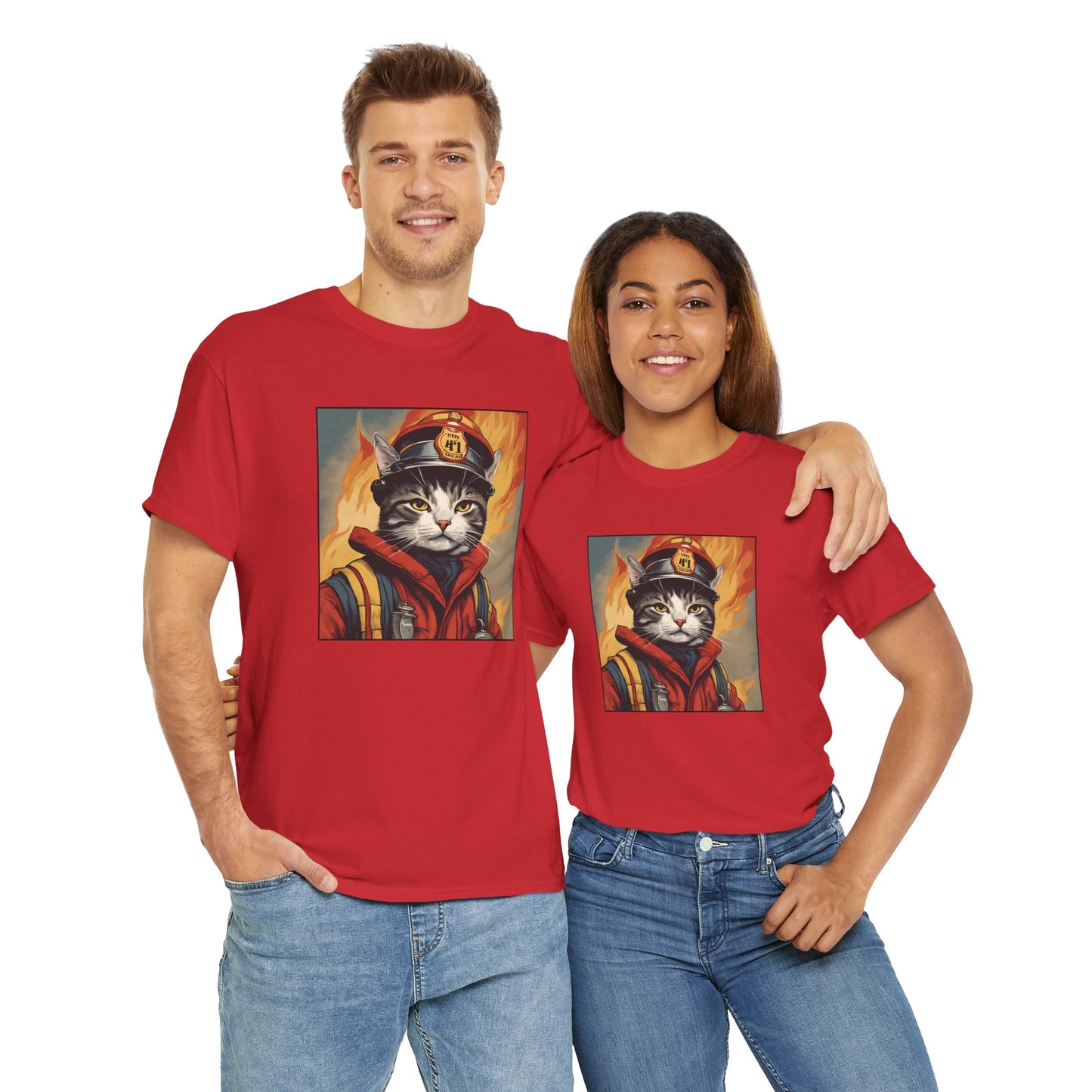 Cat Fire Hero - Unisex Heavy Cotton T-Shirt - Cool Cat AI Graphic Design